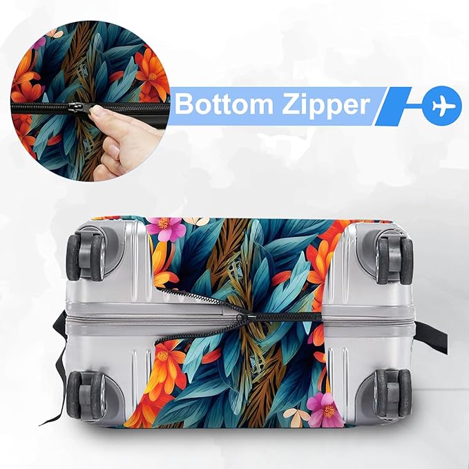 ANNA QUEEN Boho Floral Luggage Cover,Spring Orange Flower Pattern Suitcase Protector,Stretchable,Washable & Water Resistant, Universal Fit for 32-34 Inch Checked Baggage