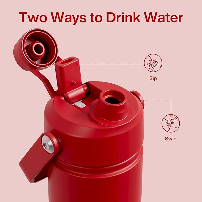 Kids Insulated Water Bottle with Straw - 12oz Stainless Steel Water Bottle with Dual Spouts, Leak-Proof, BPA-Free, Double Wall Vacuum Keeps Cold for 24 Hours for Sports, Travel (Medium Carmine)