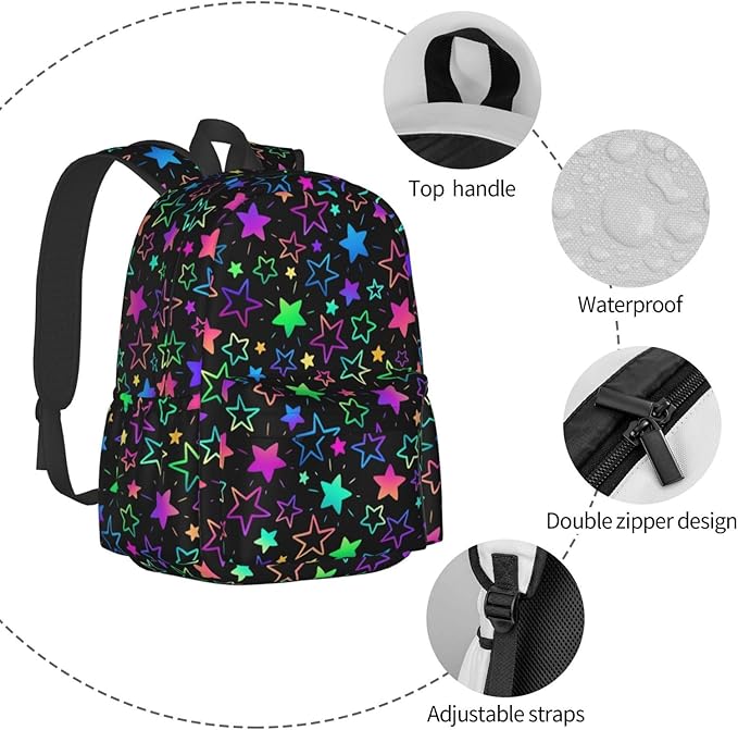 cfpolar 17 Inch Backpack Bright Neon Stars Laptop Bag Shoulder Bag School Bookbag Casual Daypack For Boys Girls
