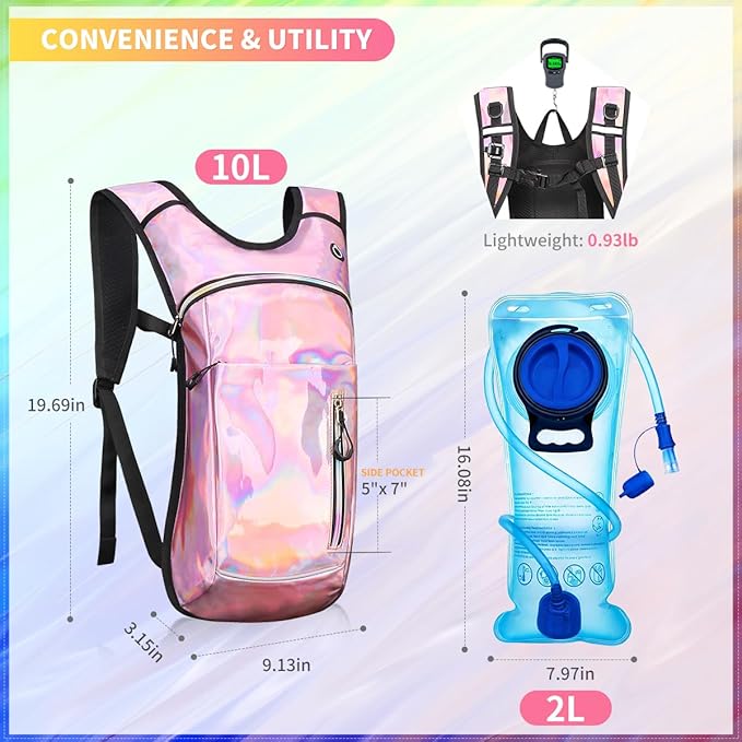 Hydration Backpack, Water Backpack with 2L Hydration Bladder, Rave Backpack Hydration Pack, Festival Essential for Raves, Hiking, Cycling, Climbing, Running, Outdoor, Camping and More