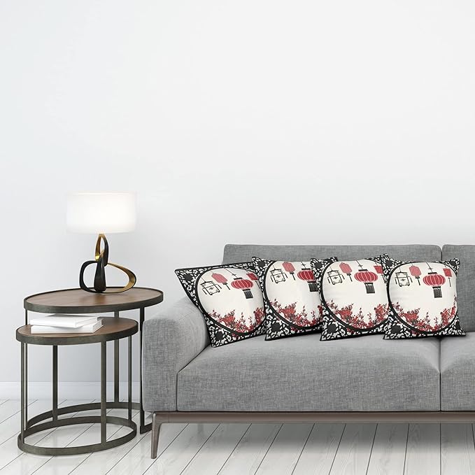 Ambesonne Lantern Throw Pillow Cushion Case Pack of 4, Lanterns with Japanese Sakura Cherry Blossom Trees Round Ornate Graphic, Modern Accent Double-Sided Digital Printing, 18", Red Beige