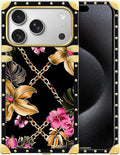 for iPhone 17 Pro Max Case Luxury Golden Decoration for Girl Women Soft TPU Shockproof Protective Hard PC Back for iPhone 17 Pro Max Crazy Pattern Pink Golden Chain Tropical Flower