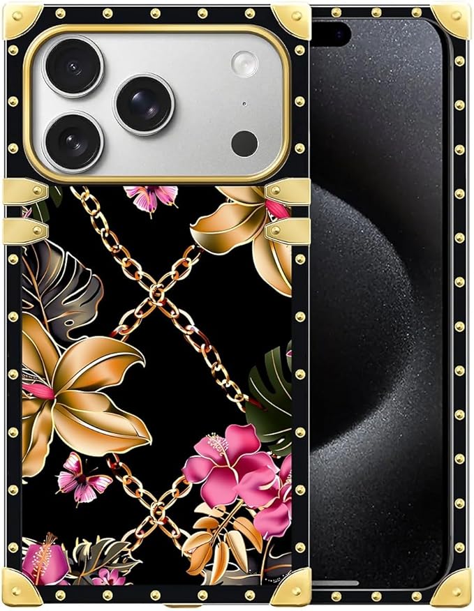 for iPhone 17 Pro Max Case Luxury Golden Decoration for Girl Women Soft TPU Shockproof Protective Hard PC Back for iPhone 17 Pro Max Crazy Pattern Pink Golden Chain Tropical Flower