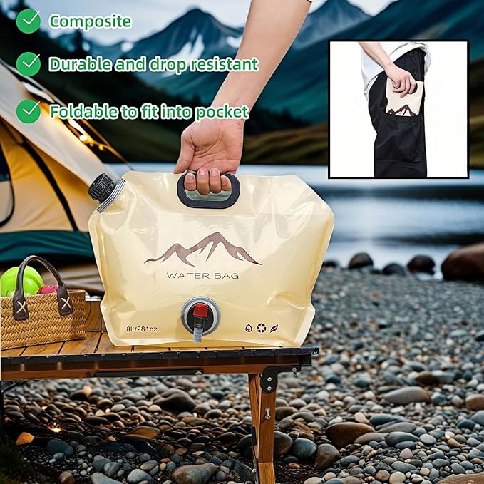 8L/281oz Outdoor Collapsible Water Jug BPA-Free w/Adjustable Faucet - Portable Leakproof Water Storage for Camping, Hiking, Travel & Emergencies (Khaki)