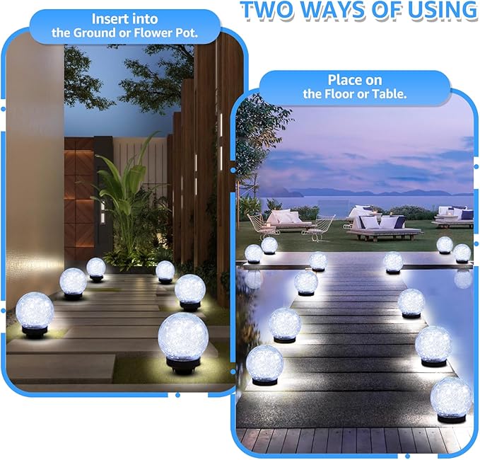 ASOMST 2-Pack Garden Solar Lights Outdoor, Cracked Glass Ball Light Waterproof, Decorative Solar Powered Globe Lighting Cool White for Yard Pathway