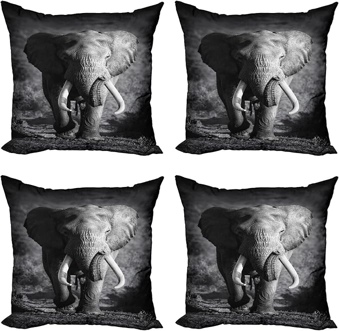 Ambesonne Elephant Throw Pillow Cushion Case Pack of 4, Majestic Elephant Bull Approaching Photo Exotic Wild Habitat Mammal Art Print Safari, Modern Accent Double-Sided Digital Printing, 18", Dimgrey