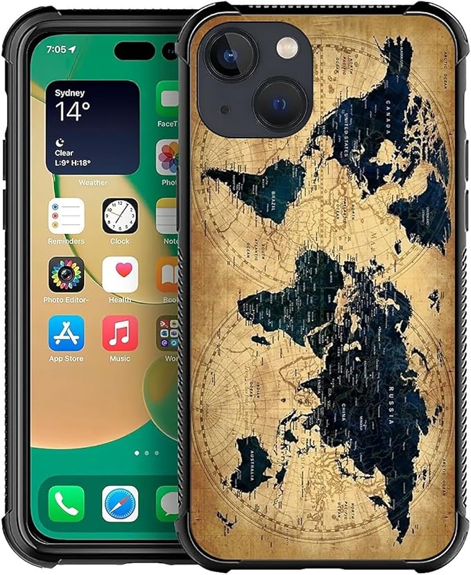 for iPhone 14 Plus Case, Brown World Map Pattern Made of Soft Silicone Hard Acrylic Shock Protection for iPhone 14 Plus