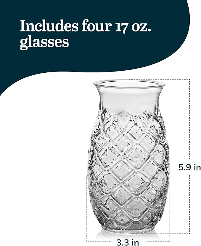 Libbey Tiki Pineapple Glasses Set of 4, Tropical, Textured 17 Ounce Tiki Glasses for Cocktails, Fun Mixed Drink Pineapple Cups for Luau, Summer Parties