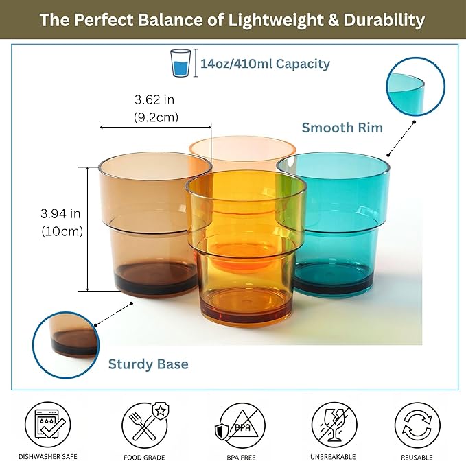 14 oz Plastic Stackable Drinking Tumblers, BPA-Free, Dishwasher Safe, Durable Shatterproof Reusable Kid Cups, Everyday Water/Juice Glasses for Indoor/Outdoor (Set of 8, Gift Box)
