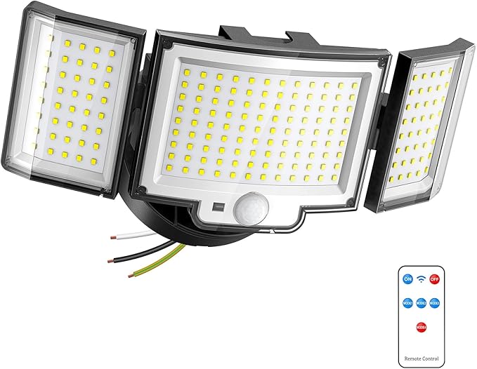 CLAONER LED Security Motion Sensor Outdoor Lights, 6500K Remote Control Floodlights, Dusk to Dawn 20W 3000LM Waterproof 3 Heads Hardwired Flood Light for Driveway, Garage, Porch (1 Pack)