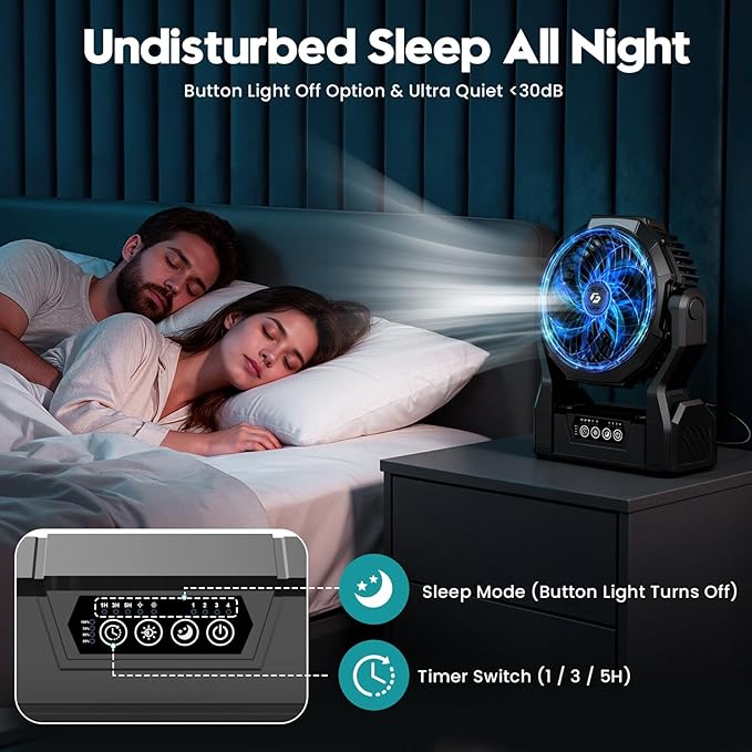 XZK Camping Fan, 20000mAh Rechargeable Battery Powered Fan with LED Lantern, Cordless Portable Tent Fan with Hanging Hook, 4 Speeds 2 Brightness Levels for Home Desk Outdoor - Black