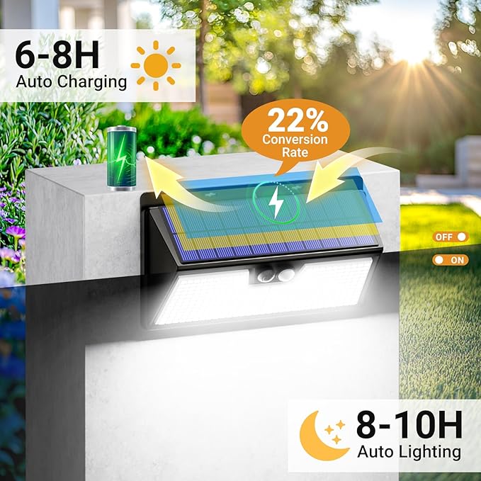 vighep Solar Motion Lights Outdoor, 318 LED Waterproof Fence Light Solar Powered with 3 Lighting Mode, Cold White LED Step Light for Outside Wall Yard Deck Stairs Garden - 1 Pack