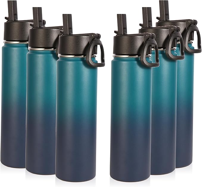 Volhoply 24oz Insulated Water Bottle With Straw Bulk 6 Pack,Metal Wide Mouth Water Bottles With Handle Keep Cold,Reusable Double Wall Cups,Powder Coated Sport Bottle For Holder(Dark Night,6 Count)