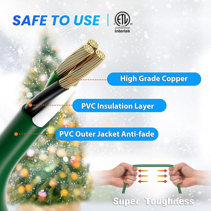 K KASONIC - 46FT Christmas Lights Outdoor Extension Cord with Mutil Outlets, ETL Listed Heavy Duty Electrical Cord with Protective Covers, Weatherproof Extension Cord for Outside, 16AWG/1625W, Green
