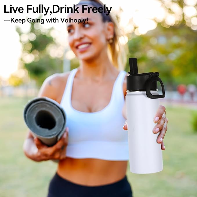 Volhoply 18oz Insulated Water Bottle Bulk 8 Pack,Kids Stainless Steel Water Bottles with Straw Lid,Double Wall Vacuum Reusable Metal Bottle,Wide Mouth Sports Flask For Cold Drink(White,8 Set)