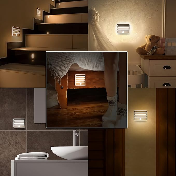 EverBrite Motion Sensor Night Lights, LED Soft Warm Light, Battery Powered Auto Stick-On Night Light for Bedroom, Bathroom, Stair, Closet, 9 AA Batteries Included(3 Pack)