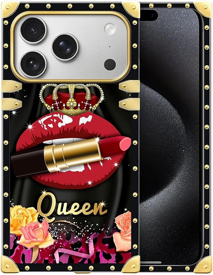 for iPhone 17 Pro Case Luxury Golden Decoration for Girl Women Soft TPU Shockproof Protective Hard PC Back for iPhone 17 Pro Crazy Pattern Queen Lip Crown Leopard Print