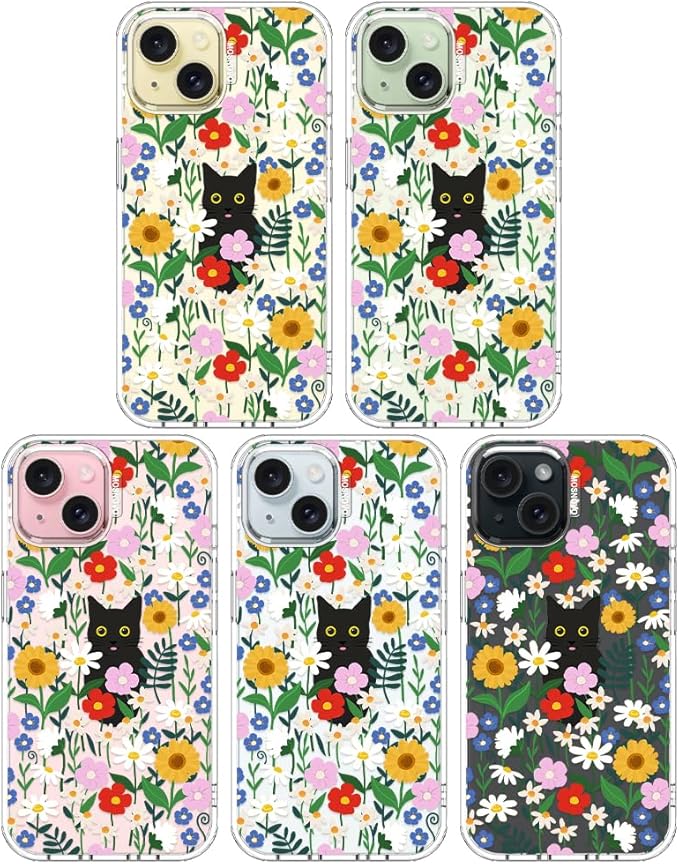 MOSNOVO Case for iPhone 15 Plus/iPhone 14 Plus, [Buffertech 6.6ft Military-Grade Drop Protection] [Anti Peel Off Tech] Clear TPU Bumper Phone Case Cover Design - Black Cat in Garden