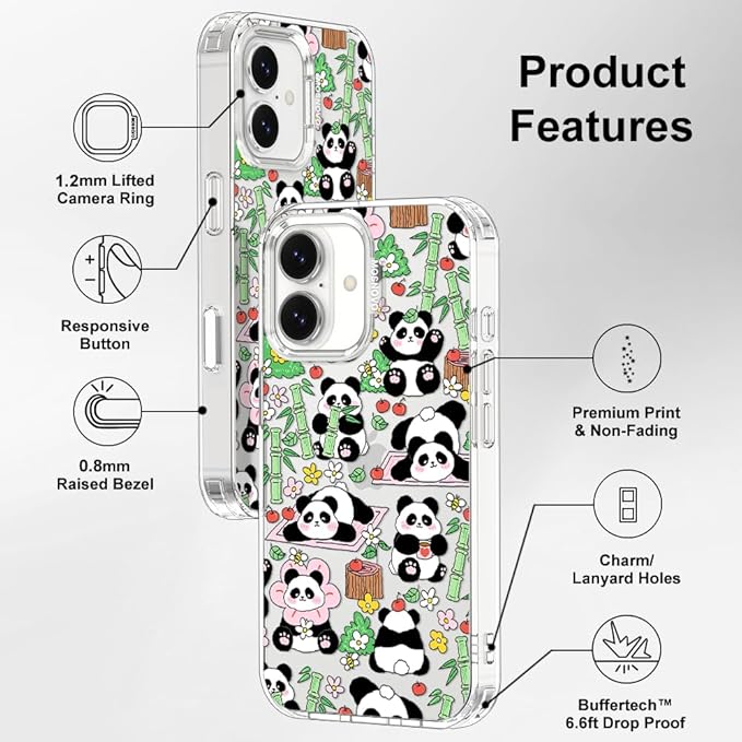 MOSNOVO for iPhone 17 Case, Shockproof Military-Grade Protection 6.6ft Drop Tested, Camera Control, Clear Phone Case for iPhone 17, Kawaii Panda Garden Design