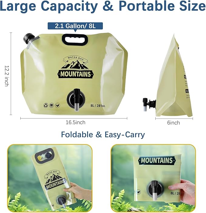 Water Jug Camping 2.1 Gallon Collapsible with Spigot, BPA Free Portable Water Pouch Foldable Water Bags for Outdoor Hiking, Travel and Emergency & Water Storage Containers (Beige-4Pcs)