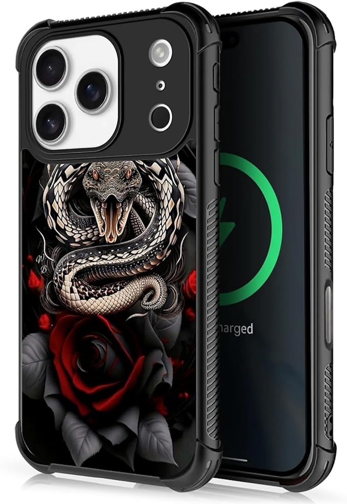 for iPhone 17 Pro Case,for MagSafe Graphic Design for Girl Boy Soft Silicone Hard Acrylic Shock Protection Designed for iPhone 17 Pro Entwined Rose Snake Pattern