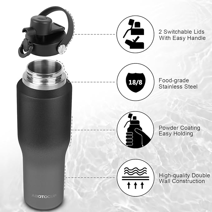 ABOTOCUP 32oz Water Bottle Insulated with Powder Coated, Fit in Any Car Cup Holder, Water Bottles with Straw and Spout Lids, Stainless Steel Insulated Double Wall Leak-proof BPA Free to Keep Cold&Hot