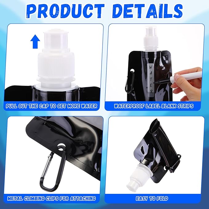 Teenyyou 24 Pack Collapsible Water Bottles Bulk 16oz Foldable Water Bottles with Carabiner Reusable Drinking Leak Proof Container Bags for Sport Biking Hiking Camping Travel Outdoor (Black)