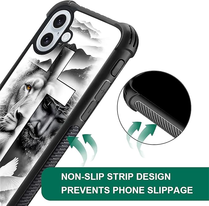 for iPhone 16 Plus Case, Lion Cross Jesus Christ Dove Pattern Graphic Design Girl Boy Soft Silicone Hard Acrylic Shock Protection for iPhone 16 Plus