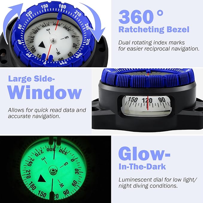 Scuba Dive Compass, Waterproof 5ATM Marine Navigation Wrist Compass with Bungee Mount and Cord, Glow in The Dark for Underwater Diving, Sailing, Camping, Kayaking, Hiking