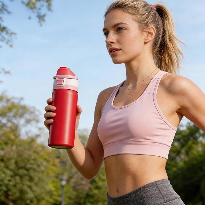 Fijinhom 24 oz Insulated Water Bottle with 2-in-1 Straw and Spout Lid, Stainless Steel Double Wall Vacuum Flask, Sports Water Bottle Keeps Cold 24H, Leak Proof for Gym, Outdoor, Travel (Red)