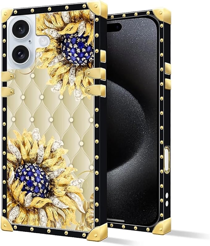Compatible with iPhone 16 Plus Case, Sunflower Diamonds Leather Luxury Golden Decoration for Girl Women Soft TPU Shockproof Protective Hard PC Back for iPhone 16 Plus