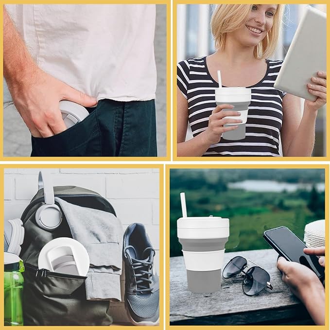 12 OZ Collapsible Travel Cup with Lid,Silicone Foldable Drinking Cup for Camping Hiking,Portable Silicone Water Bottle for Hot and Cold Beverages with Straw- Grey & White