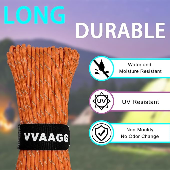 VVAAGG Reflective Paracord Rope 100FT, 7 Strand Nylon para Cord Lanyard Utility 550 Parachute Cord, 4mm Thin Tent Rope for Outdoor Camping Hiking