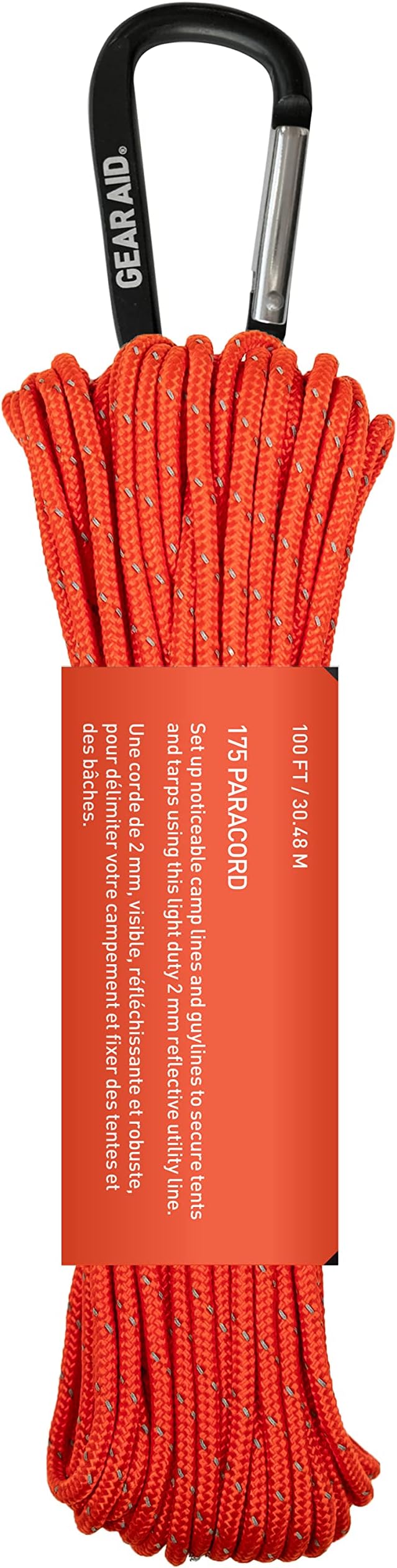 GEAR AID 175 Paracord, Lightweight Visible Guyline for Securing Tarps and Tents, or use as a Clotheslines for Camping, Hiking and Traveling, 100 ft, Orange Reflective