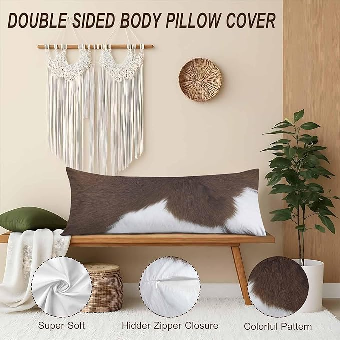 Decorative Home Body Pillow Covers Brown Cowhide, Body Pillow Cushion Cases Cow Skin Hairy Cattle Skin Lumbar Pillow Cover Body Pillowcase for Bedroom Couch Sofa 20x54 Inch