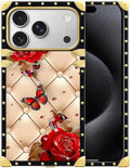 for iPhone 17 Pro Case Luxury Golden Decoration for Girl Women Soft TPU Shockproof Protective Hard PC Back for iPhone 17 Pro Crazy Pattern Shining Red Rose Butterfly Leather Background