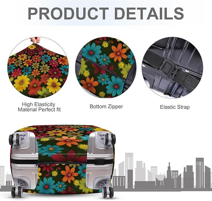 ANNA QUEEN Colorful Flower Luggage Cover, Retro Floral Suitcase Protector, Stretchable Washable Cover for 20-22 Inch Luggage