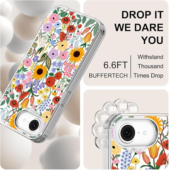 MOSNOVO for iPhone 17e Case/iPhone 16e Case, Shockproof Military-Grade Protection 6.6ft Drop Tested, Clear Phone Case for iPhone 16e / iPhone 17e, Blossom & Bloom Design