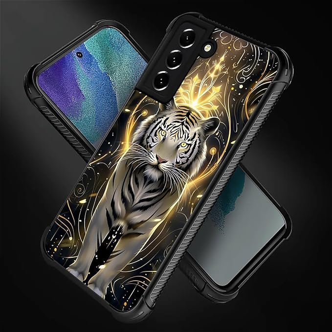 for Samsung Galaxy S21 Case, White Tiger Golden Mystery Pattern Graphic Design Girl Boy Soft Silicone Hard Acrylic Shock Protection for Samsung Galaxy S21