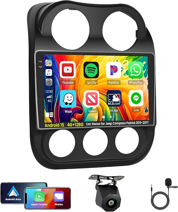 Inefala [4G+128G] Android 15 Car Radio for Jeep Compass Patriot 2010-2016 Car Stereo with Wireless Carplay/Android Auto, 10 Inch HD Touchscreen with GPS WiFi Bluetooth FM/RDS EQ SWC Backup Camera MIC