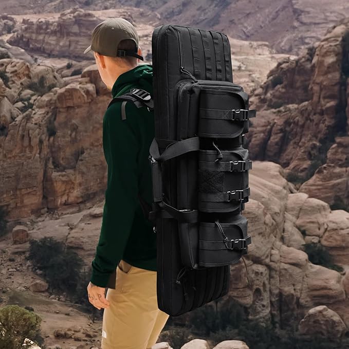 DULCE DOM 36 42 48 Inch Double Rifle Case, Tactical Soft Padded Backpack for Hunting & Shooting Range, Heavy-Duty Storage Gun Bag for 2 Rifles & Pistols with Lockable Zippers & MOLLE System