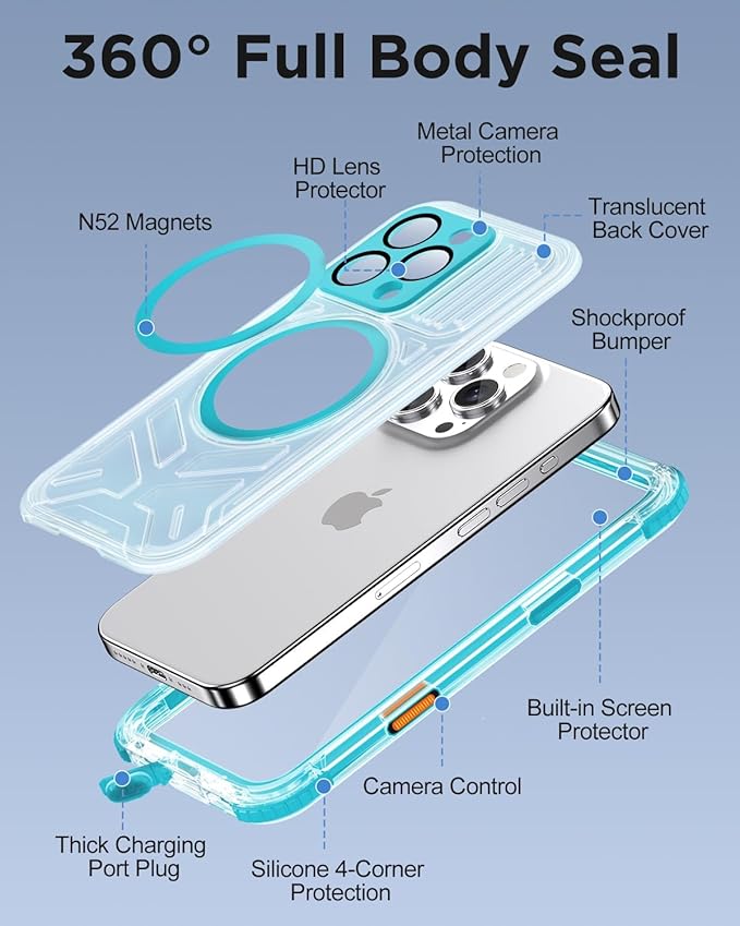 for iPhone 16 Pro Waterproof Case with Magsafe, Built-in [Camera & Screen Protector] [Lanyard], IP68 Water Proof Full Body Dustproof Heavy Duty Frosted Protective Phone Cover, 6.3" Teal