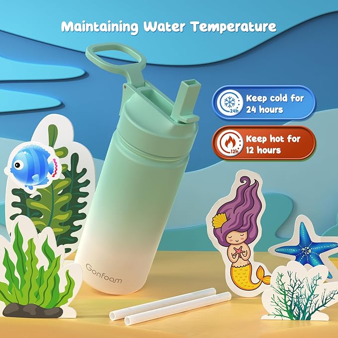 Kids Water Bottle, 16oz Kids Water Bottle with Stickers for School, insulated Stainless Steel Straw Cup(Green/White)