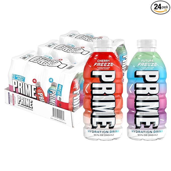 PRIME Hydration Cherry Freeze & Future Freeze Sports Drinks with Coconut Water, Electrolyte Enhanced to Replenish Fluids, Zero Added Sugar, B Vitamins, Antioxidants, Natural Flavors, 12 Fl Oz 24 Pack