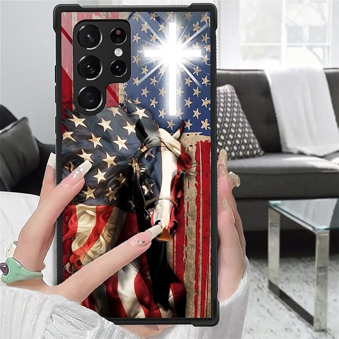 for Samsung Galaxy S23 Ultra Case, Red American Flag Horse Cross Pattern Graphic Design Girl Boy Soft Silicone Hard Acrylic Shock Protection for Samsung Galaxy S23 Ultra