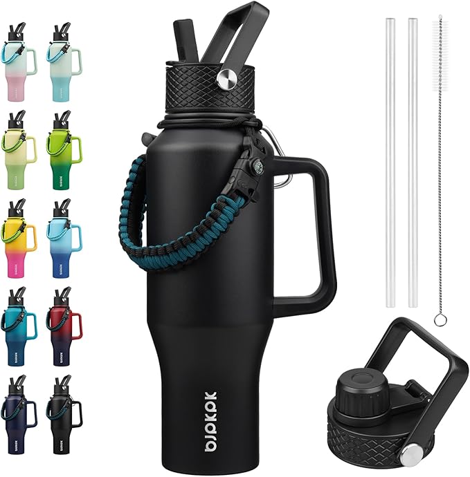 BJPKPK Insulated Water Bottles with Straw Lid, 35oz Metal Water Bottle with 2 lids & Paracord Strap, Double Wall Stainless Steel Tumbler with Handle, Reusable Cups, Mugs, Thermo, Black