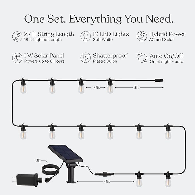 Brightech Ambience Hybrid Outdoor String Lights - Dual Plug and Solar Powered Waterproof LED Light String for Outside - 27 Ft, Soft White Edison Bulbs, for Camping, Patio, Cafe, Yard, Porch