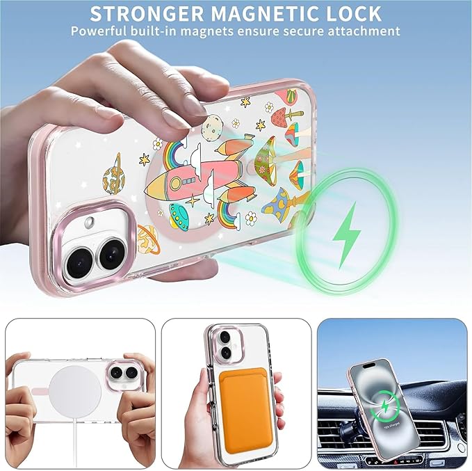 Case for iPhone 16,[Compatible with MagSafe],Spaceship Mushroom Phone Case Design，for Women Girls Magnetic Clear Cover - Slim, Sleek, & Shockproof Protection