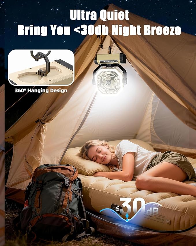 Orteen Camping Fan Rechargeable - 9-Inch Battery Powered Fan, 24000mAh(60Hrs) Battery Operated for Camping, Auto Oscillation Cordless, Tent Fan with Remote/Light, 4 Speeds, 4 Timing, Outdoor