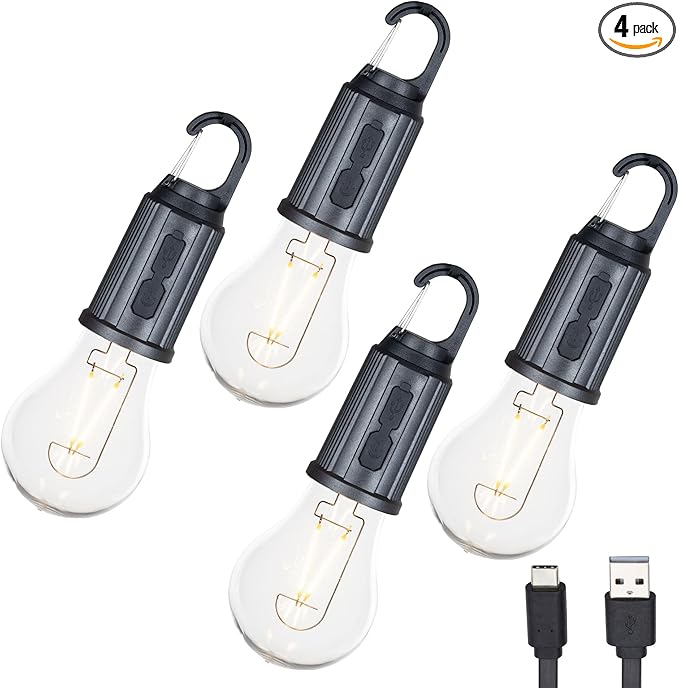 4-Pack Rechargeable Camp Light, Warm White LED Globe Bulb, Battery Powered with USB-C, Shatterproof Globe on Carabiner, 3 Brightness Levels